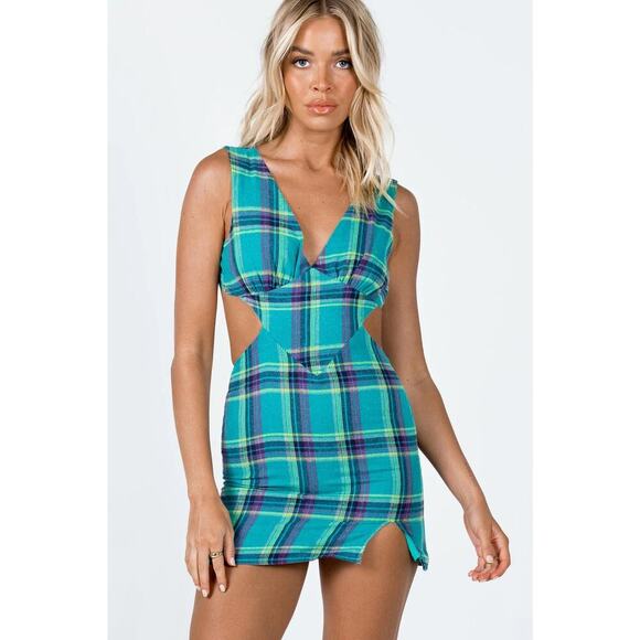 Princess Polly Emeri Minidress Green Check Plaid size 2 - Picture 1 of 9